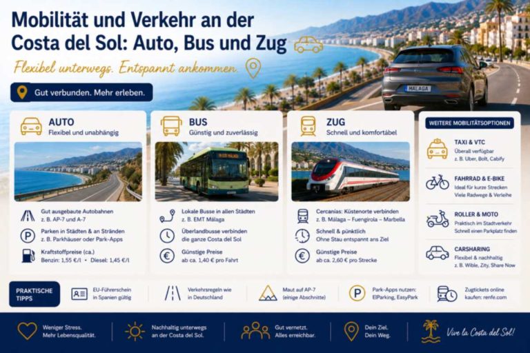 Mobilität und Verkehr an der Costa del Sol: Auto, Bus und Zug